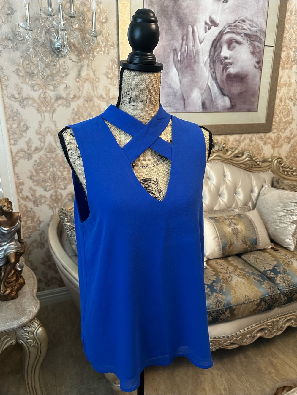 Naked Zebra Royal Blue Crisscross V-Neck Sleeveless Top
